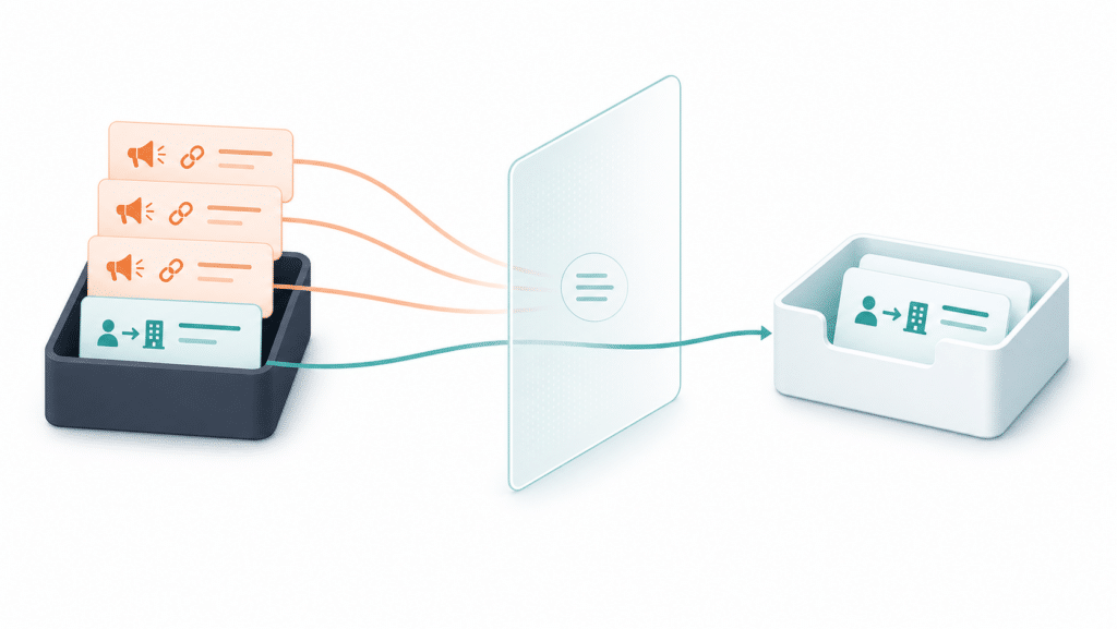 Illustration of a quiet Gravity Forms workflow holding sales-pitch spam while releasing a genuine inquiry